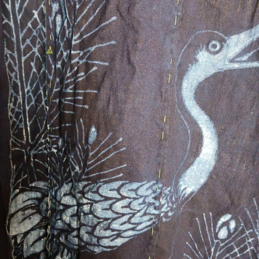 古布　夜着　綿　藍染　筒描き　家紋　鶴松　一枚