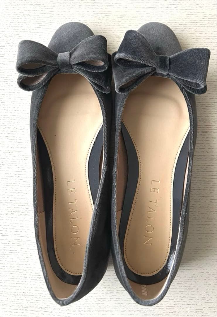 LE TALON グレー リボン付きバレエシューズ　ラウンドリボンバレリーナ