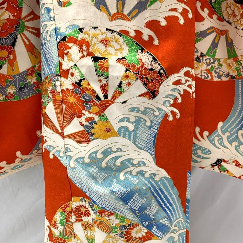 508ag72□七五三 七歳 女児 着物&袋帯&長襦袢 荒波 源氏車□状態良好