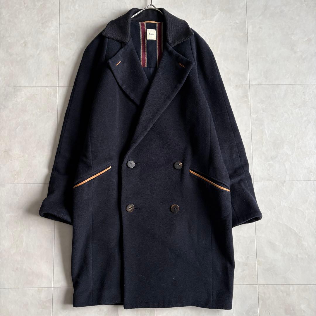 nume ダブルコート ネイビー 2 襟リブ パイピング 上品 ミドル丈