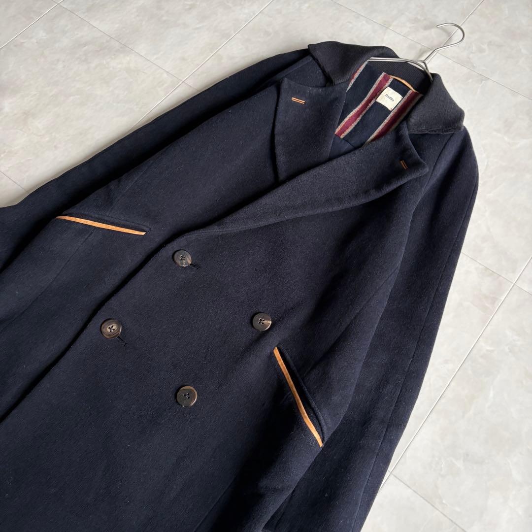 nume ダブルコート ネイビー 2 襟リブ パイピング 上品 ミドル丈