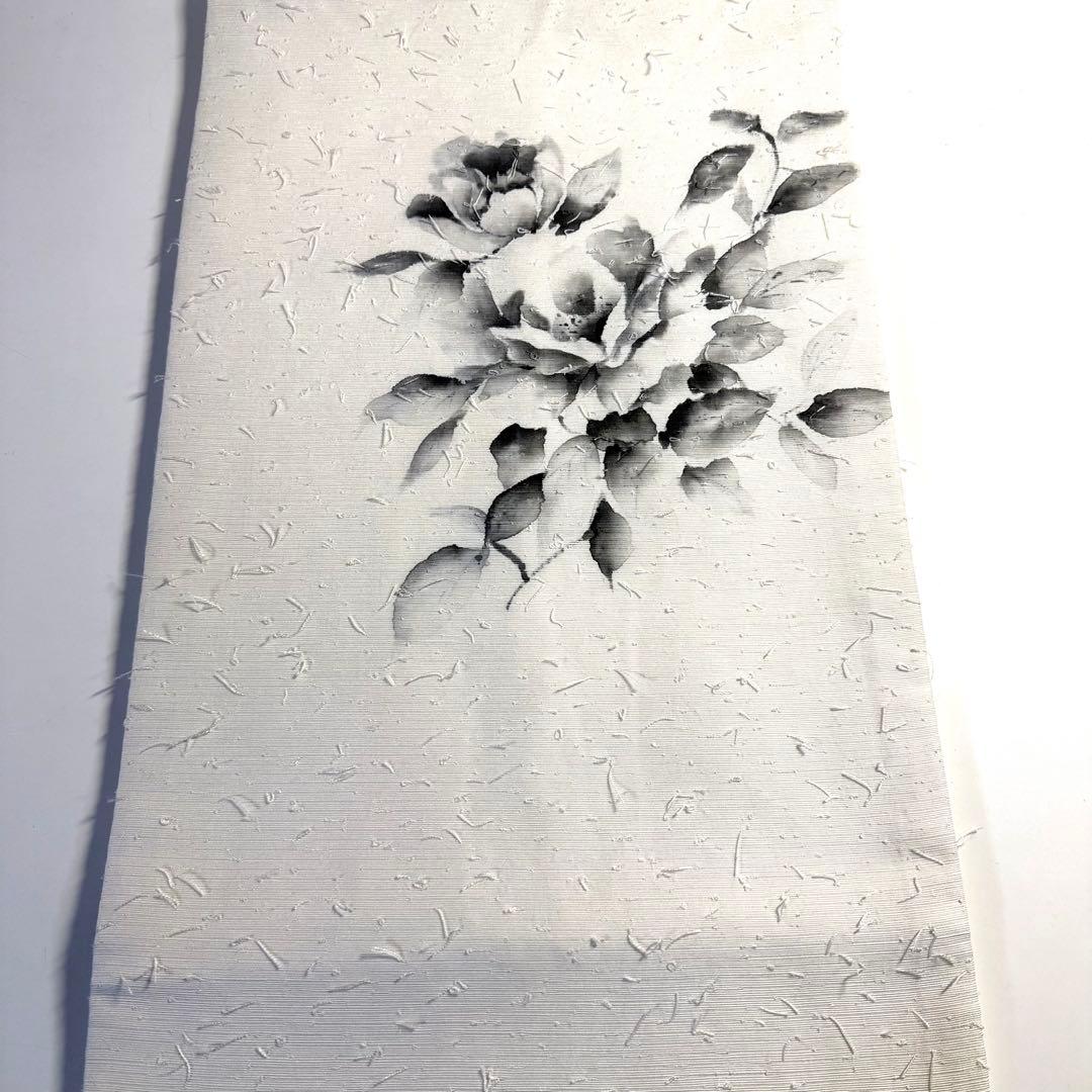 6k104 名古屋帯　絹　髭紬　白　黒　花柄　和装　着物