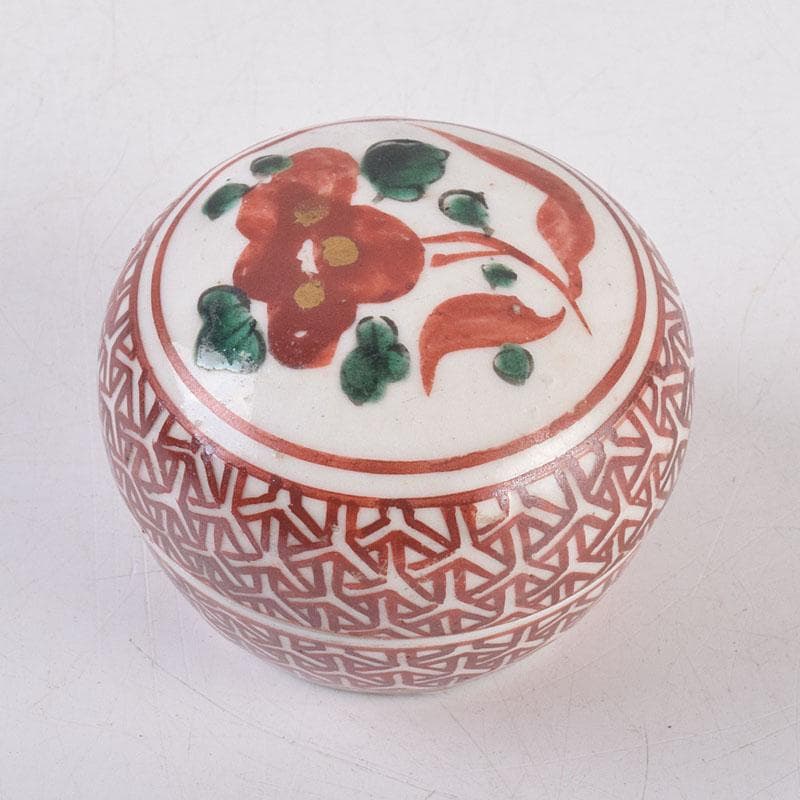 中国　呉須赤絵　花文　香合　時代箱　V　R8886