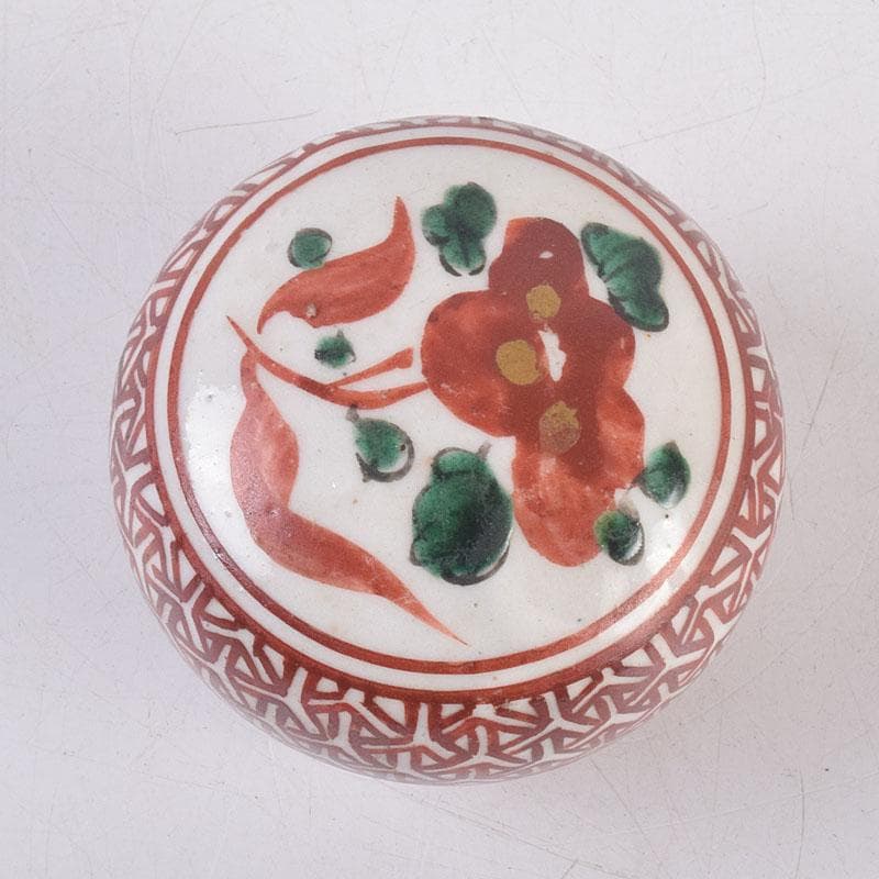 中国　呉須赤絵　花文　香合　時代箱　V　R8886