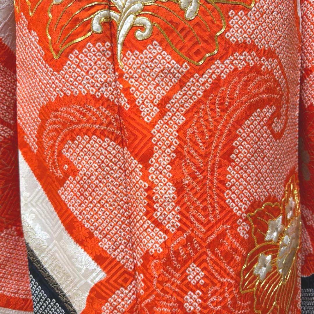 21 振袖フルセット 正絹 朱赤 黒 金彩 絞り 駒刺繍 レトロ アンティーク