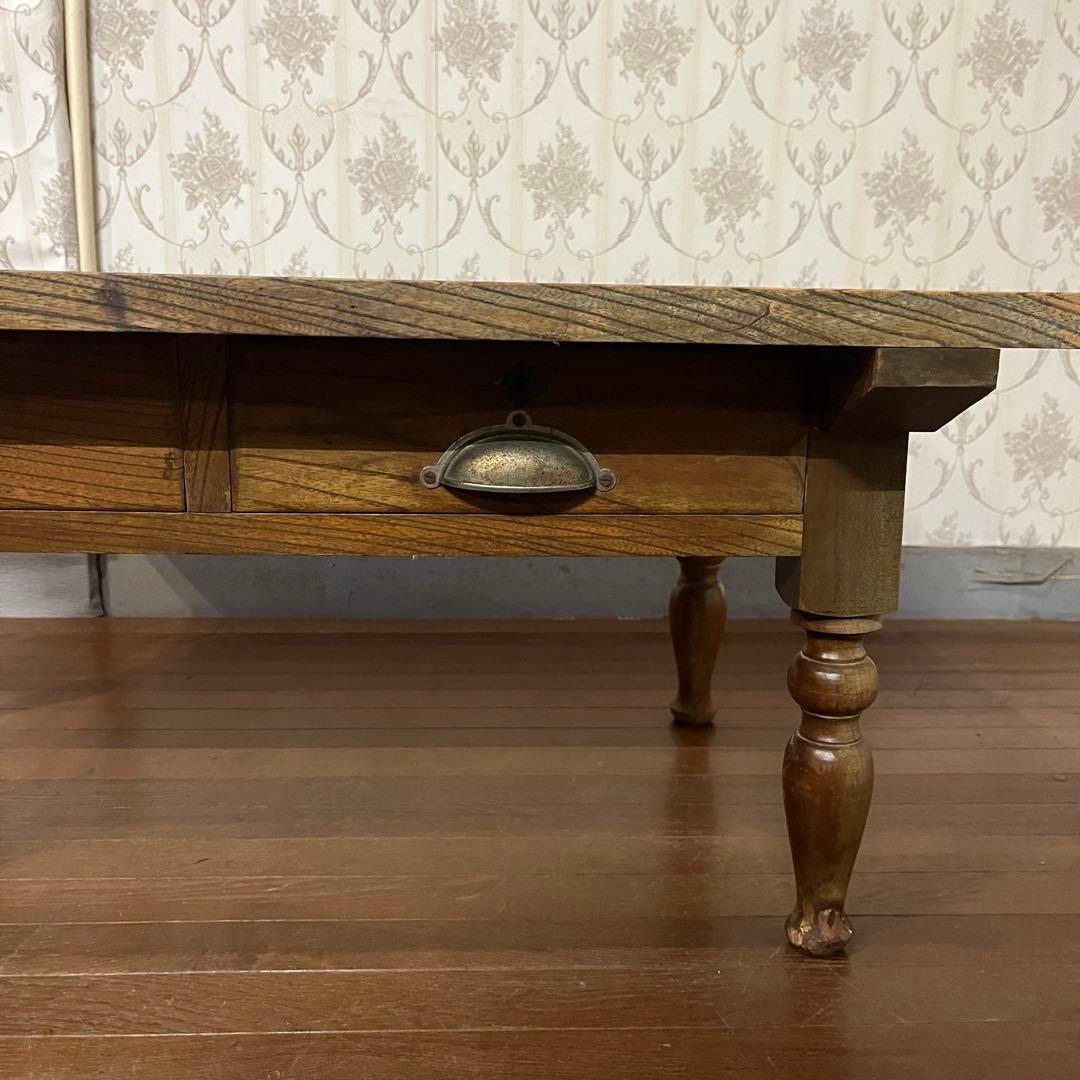 【アンティーク】木製 引出し付 ろくろ足 文机 ローテーブル 座卓 古家具