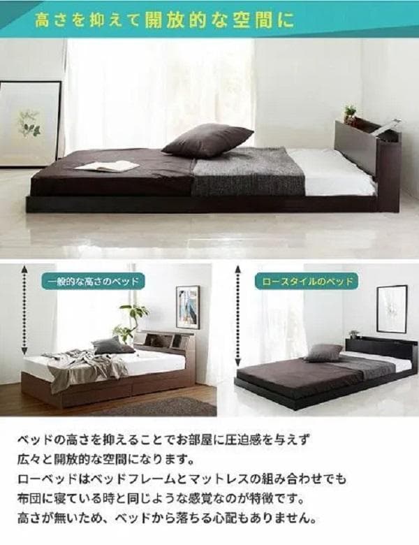 ⓸ シングルベッド USBコンセント付き ロータイプベッド 宮付き ブラック