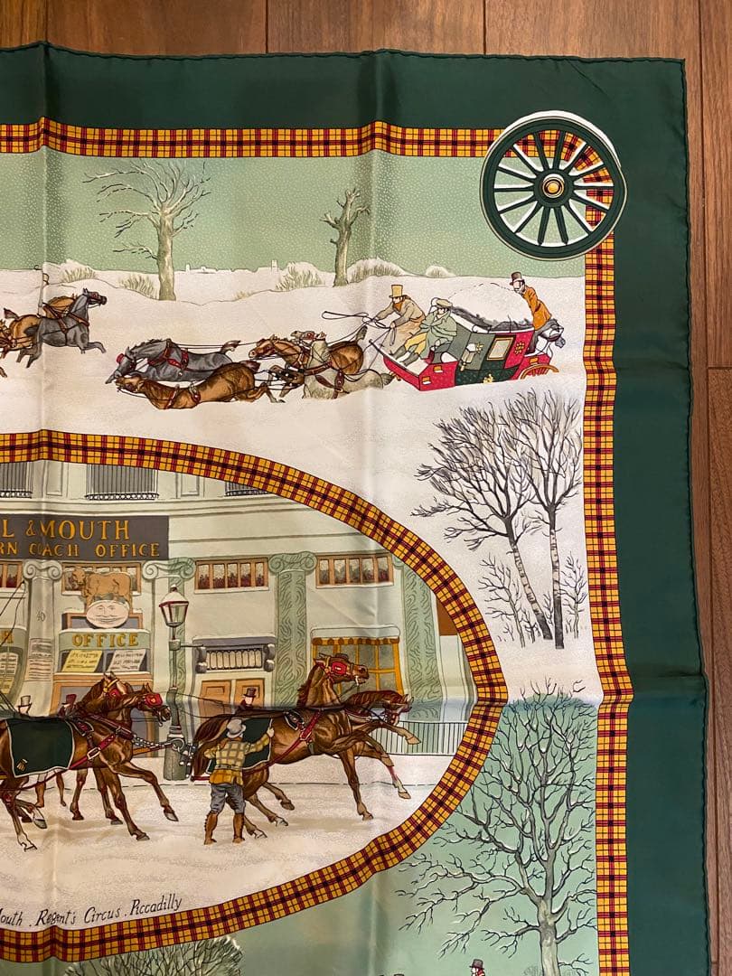 エルメス HERMES 馬車風景のハンカチ 緑 約88cm x 88cm