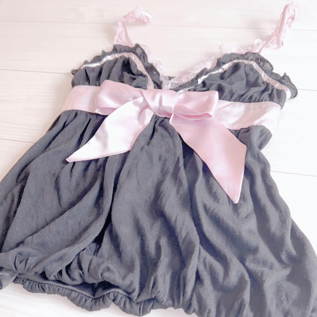 TRALALA・LIZLISA系 リボン付きフリルタンクトップ（黒×ピンク）