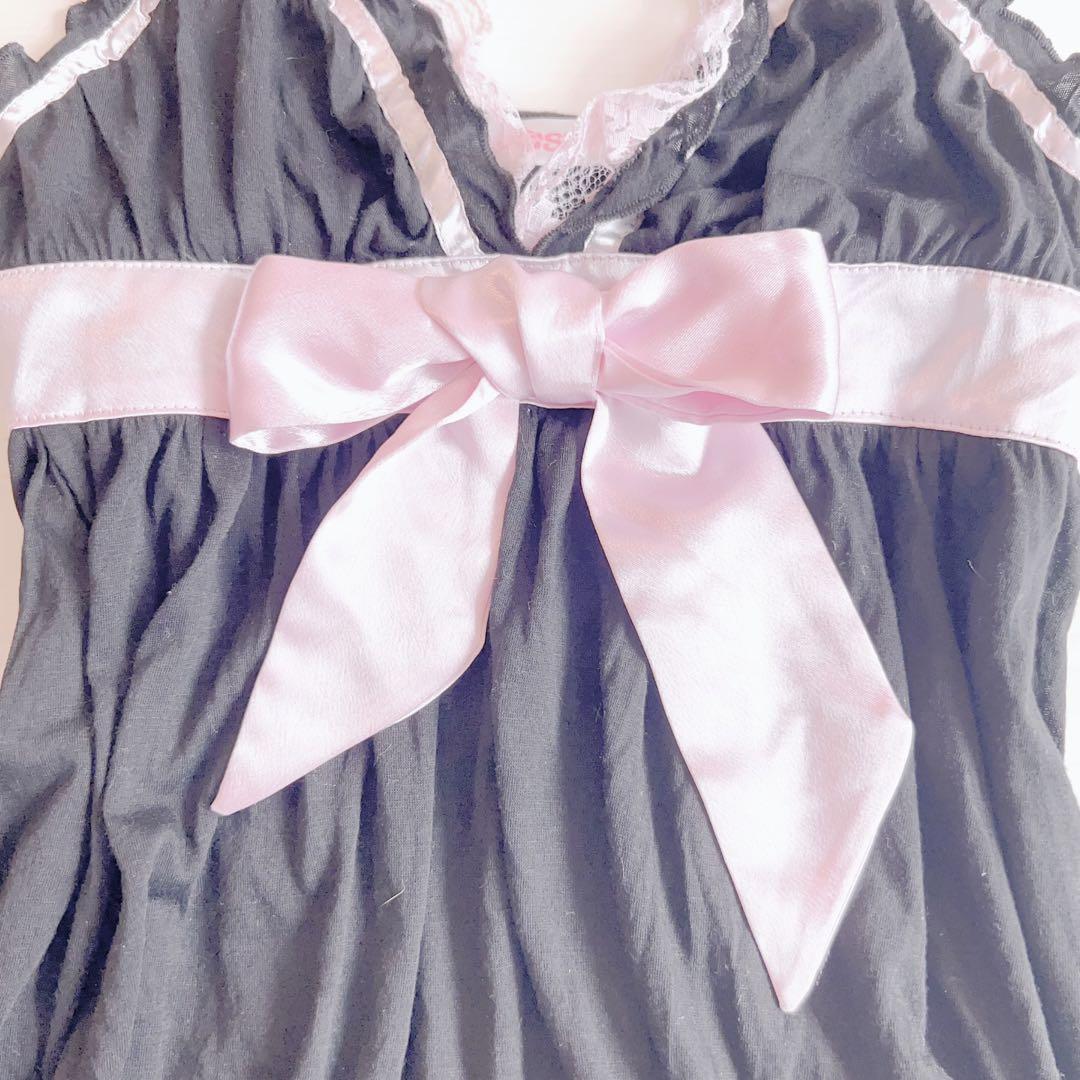 TRALALA・LIZLISA系 リボン付きフリルタンクトップ（黒×ピンク）