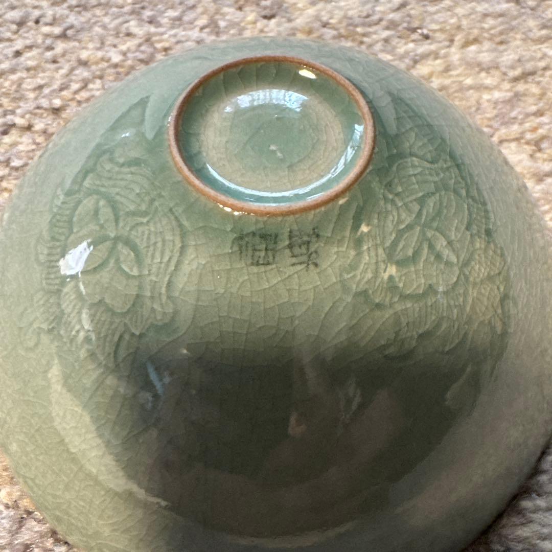 緑色 鶴模様 茶碗
