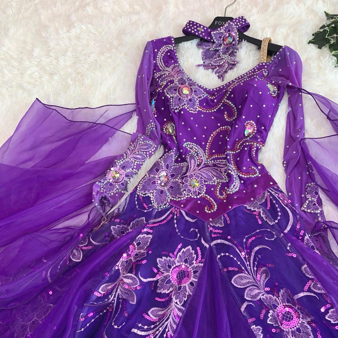 競技ダンス/ドレス【パープル/刺繍/ビジュー】社交ダンス 衣装 スタンダード