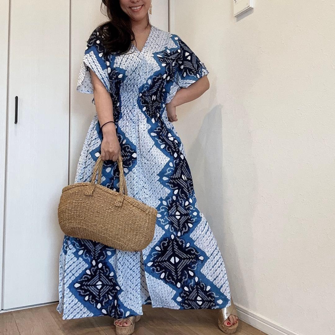 浴衣　リメイク　有松絞り　ワンピ　ハンドメイド　ロング　シンプル　白　青　水色