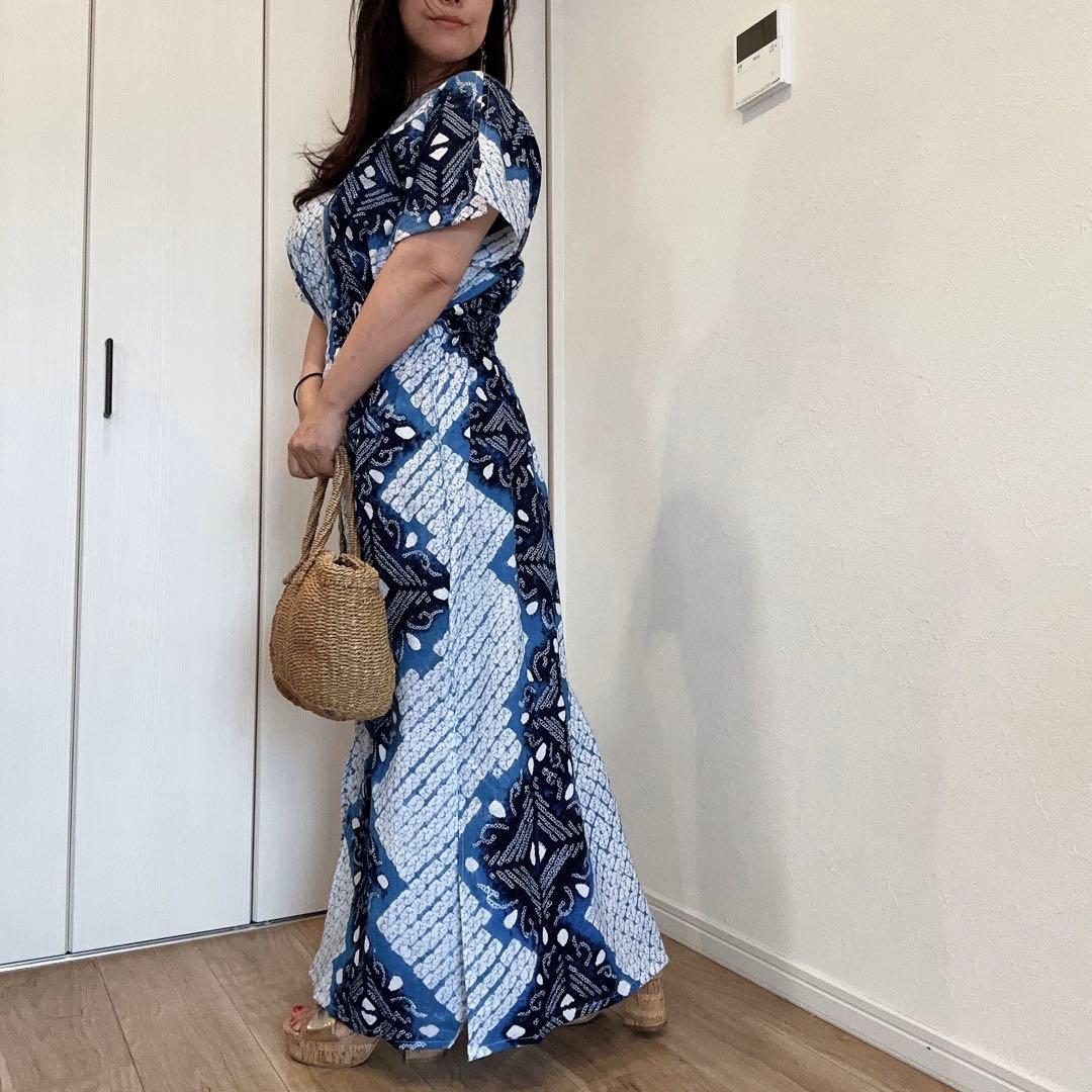 浴衣　リメイク　有松絞り　ワンピ　ハンドメイド　ロング　シンプル　白　青　水色