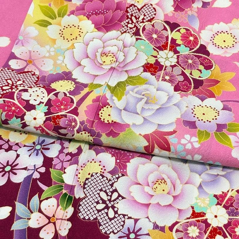 ゆりのはな　本振袖　京友禅ボカシ染め　花柄　ピンク/赤紫色系　正絹　J205