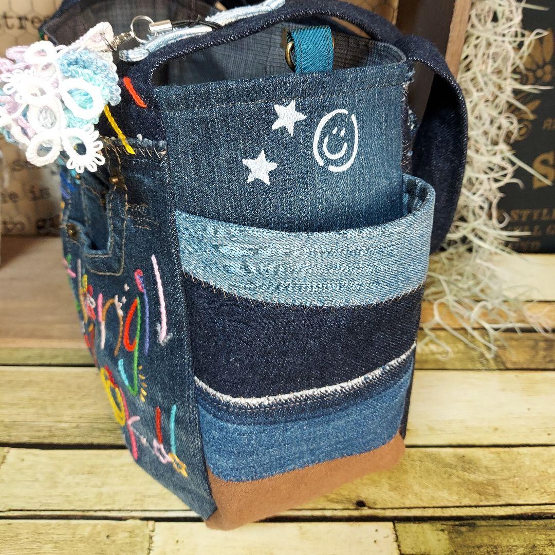刺繍デニムバック　No.662　デニムリメイク　刺繍バック　サイドポケット