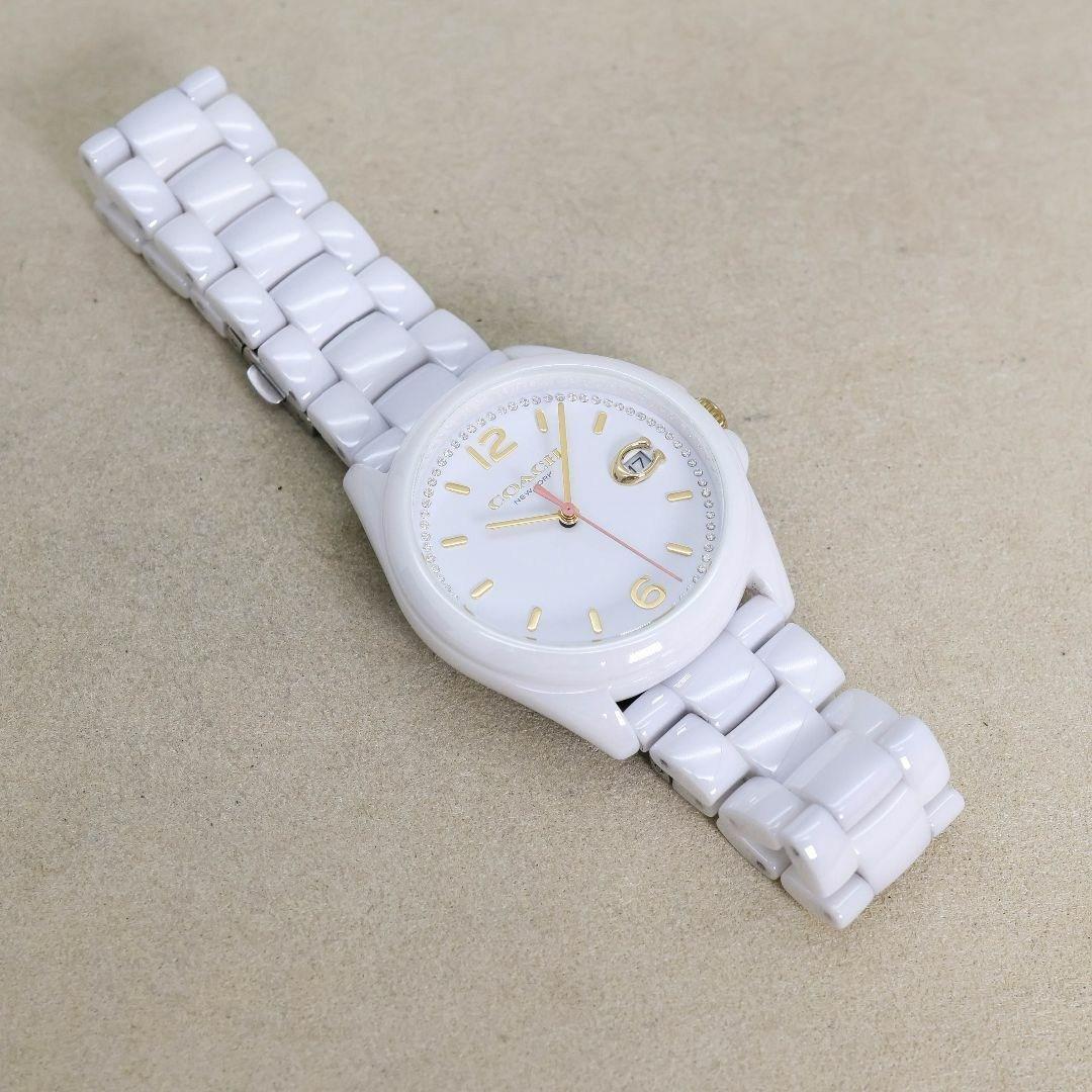 稼働 COACH 腕時計 ホワイト セラミック デイト ストーン 2158