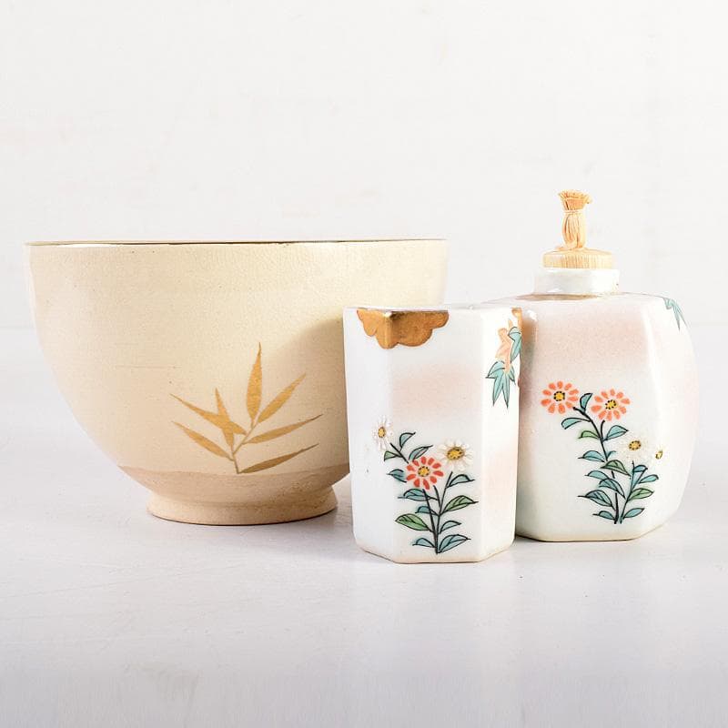 茶道具　面朱茶箱　京焼　山川巖作　茶碗　独楽棗など　九点一式　V　R8493