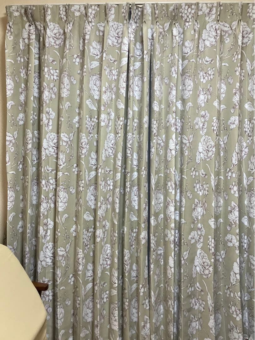 花柄 ドレープカーテン2倍ヒダ 巾1900 丈 2030 Aフック タッセル付