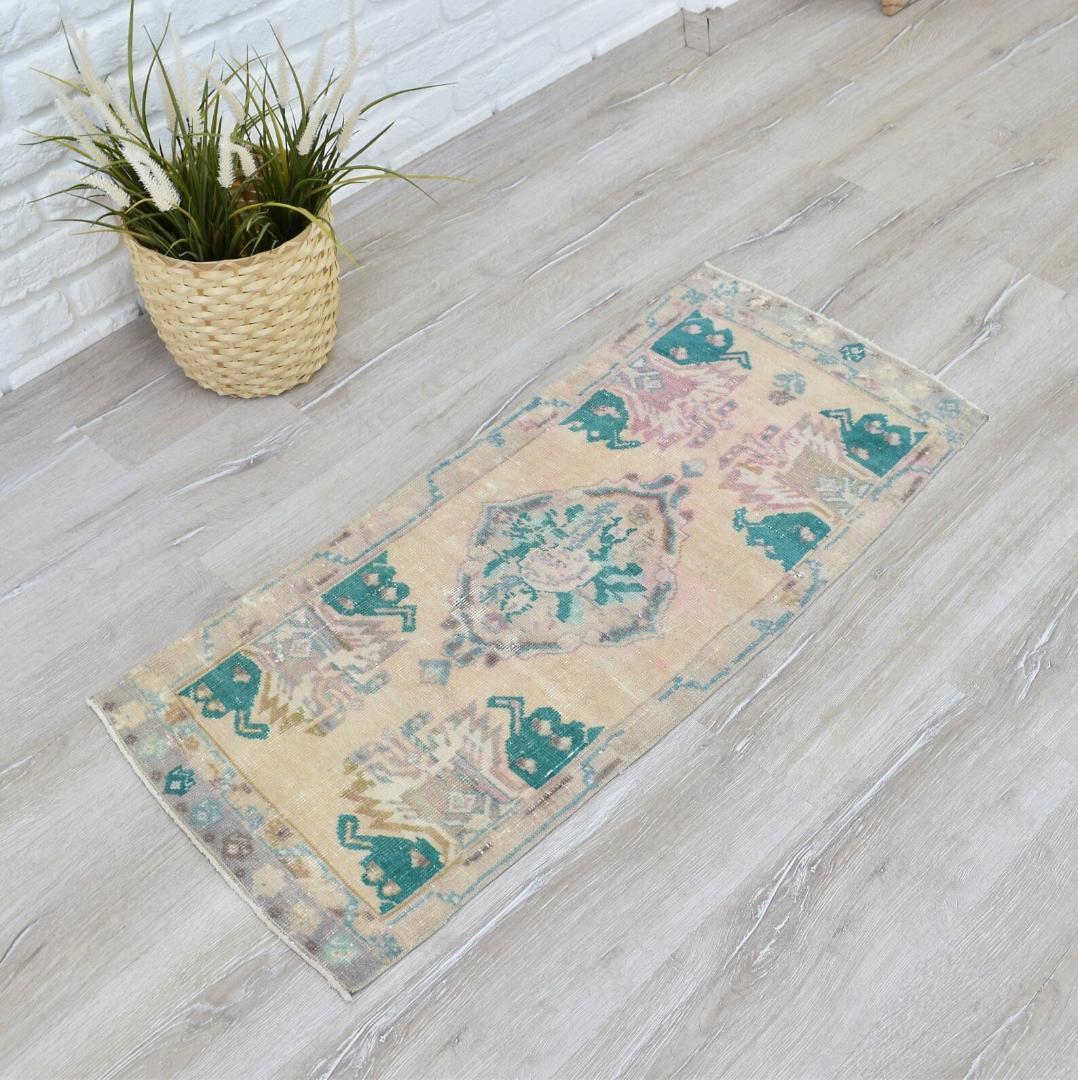 トルコ製ヴィンテージラグ49×113cmピンクベージュ玄関マットドアマット323