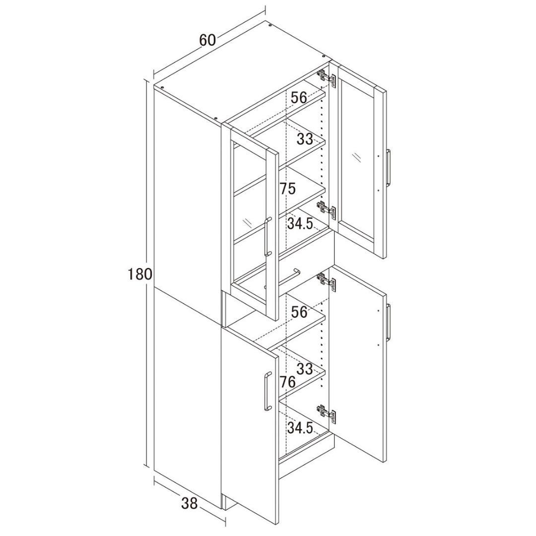 ヌーヴォー　食器棚　サイズ60-180　収納棚　鏡面メラミン仕様　背面化粧仕上げ
