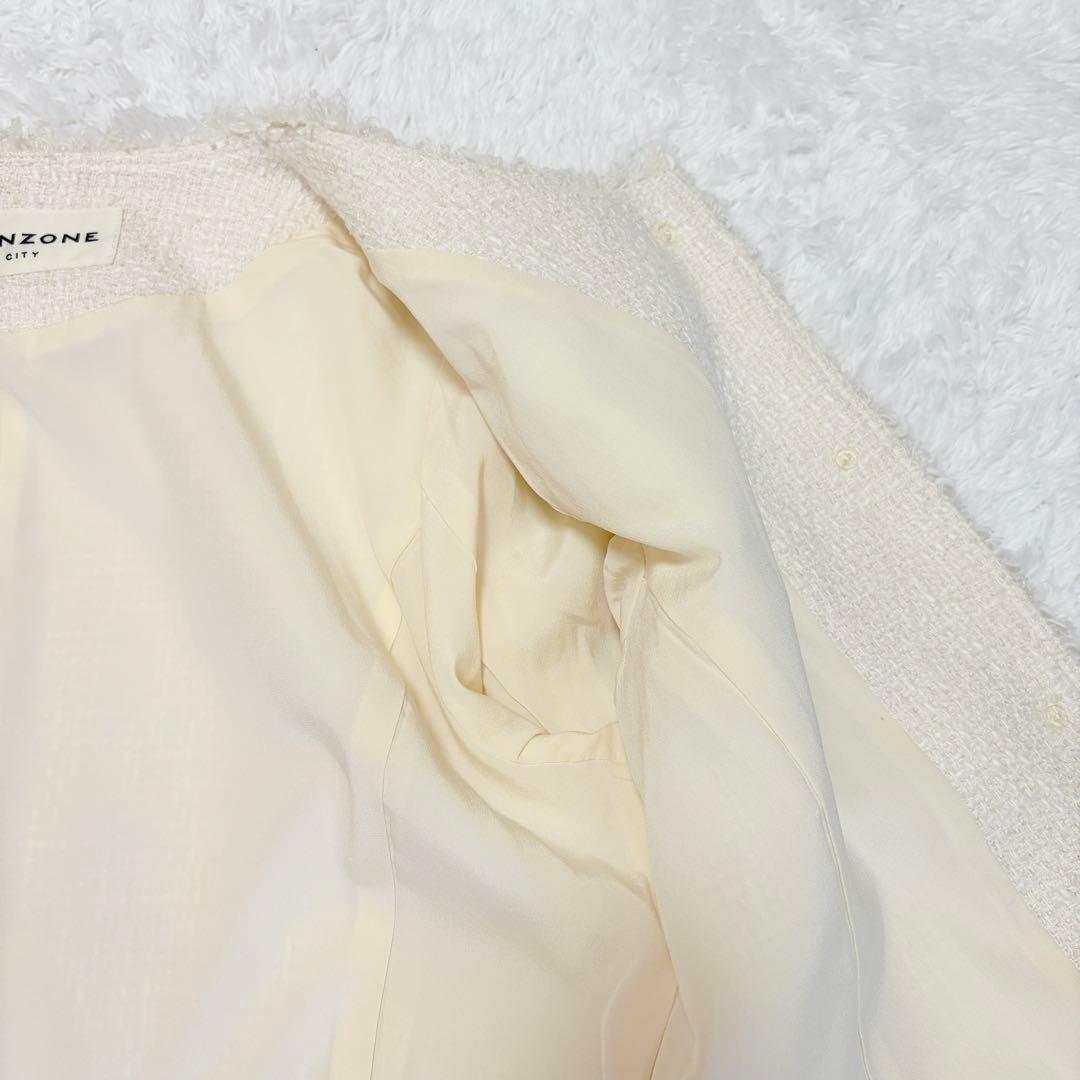 シンゾーン　ツイード　ジャケット　ノーカラー　ホワイト　シルク　入学式