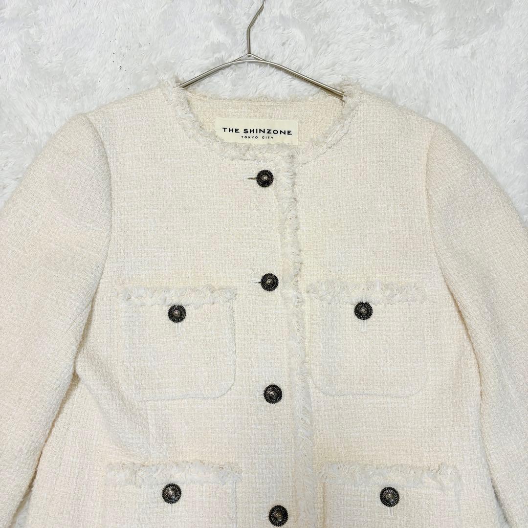 シンゾーン　ツイード　ジャケット　ノーカラー　ホワイト　シルク　入学式