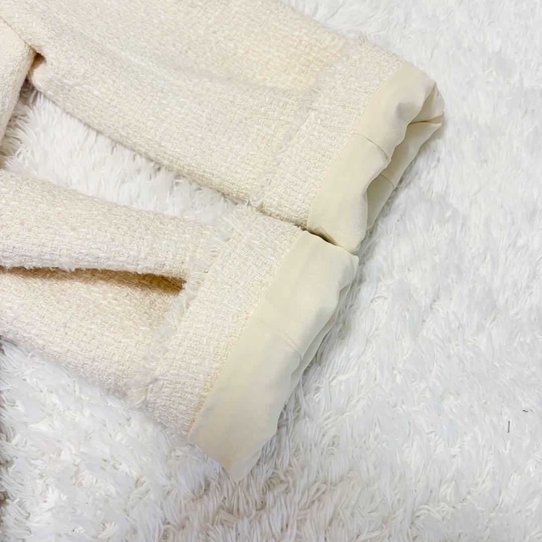 シンゾーン　ツイード　ジャケット　ノーカラー　ホワイト　シルク　入学式