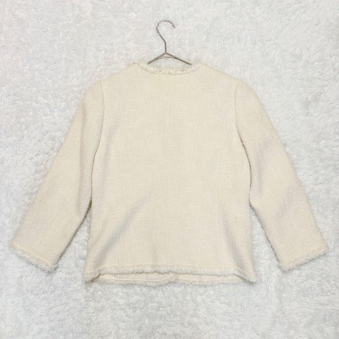 シンゾーン　ツイード　ジャケット　ノーカラー　ホワイト　シルク　入学式