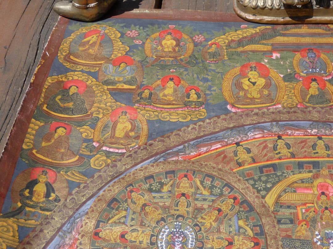 大サイズ　希少　肉筆　タンカ　チベット　黒兼彩　金彩　まくり　※説明必読願います