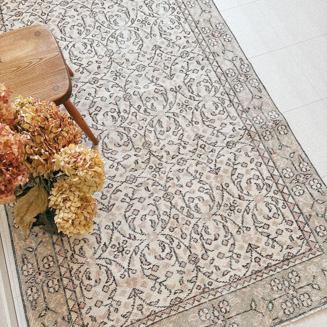 トルコ　ヴィンテージラグ　グリーン　ピンク