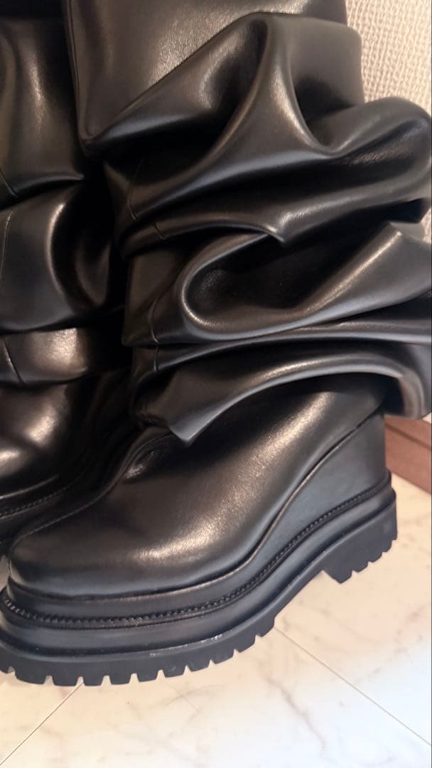 Pooled プールデ ブラックレザー ロングブーツ 37