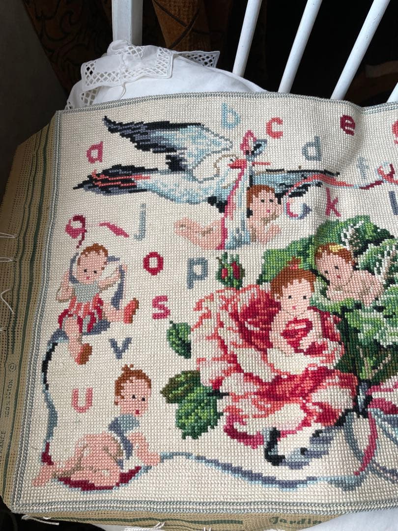 アメリアンティーク　サンプラー　アルファベット　刺繍　プチポアン　レア