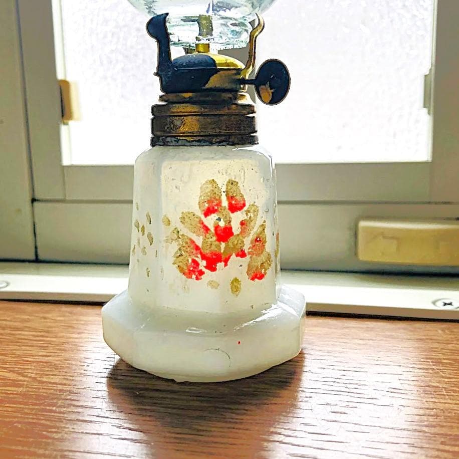 明治～大正 豆ランプ 花模様 乳白/エナメル彩 ウランガラス 検索: ペロペロ