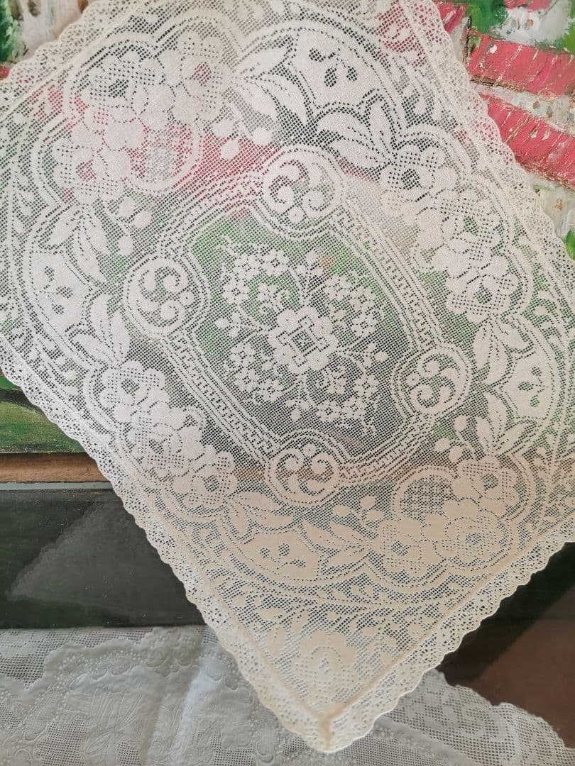アンティーク 目の細かな◻◽フィレレース レクタングル トレイクロス ローズ紋β
