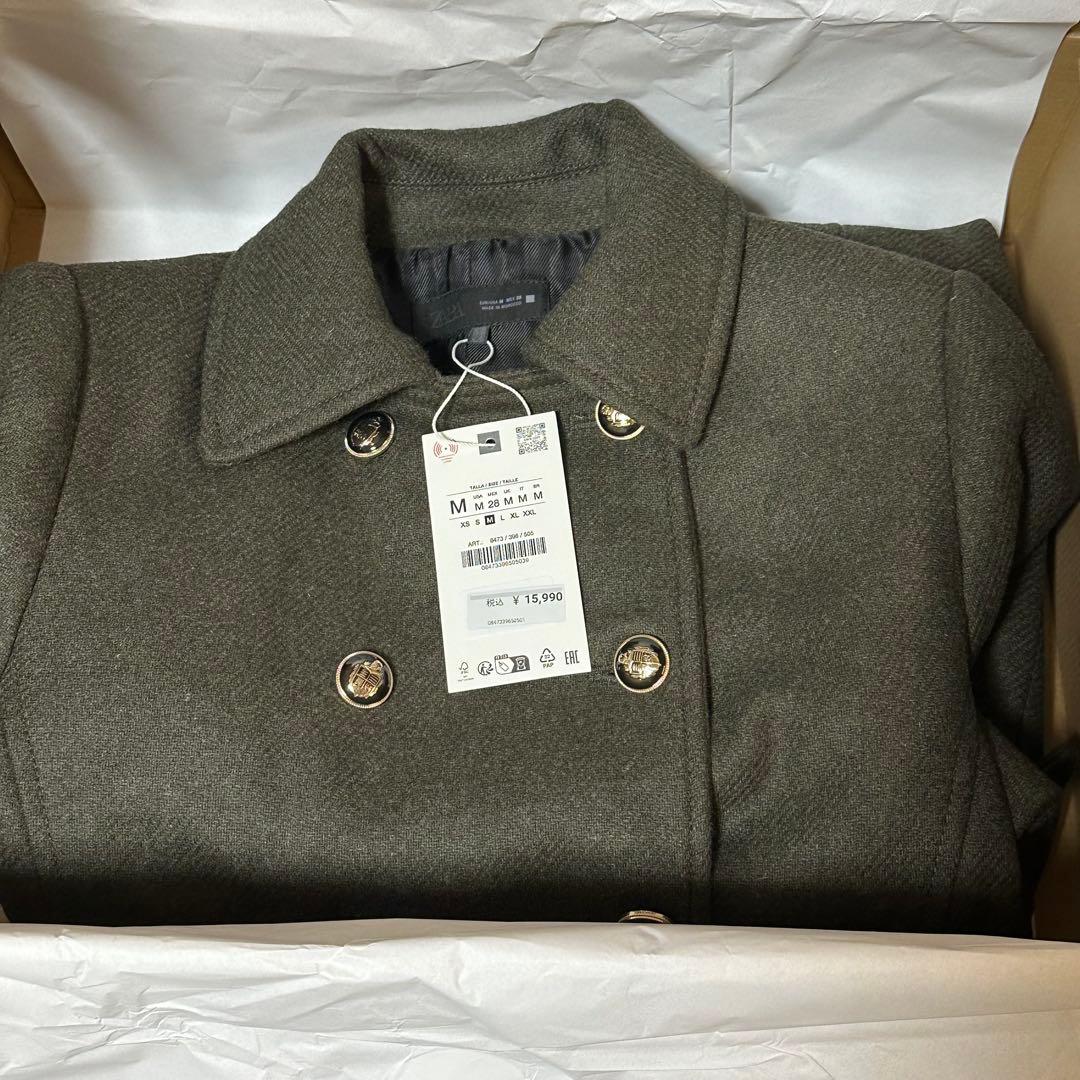 今期 ZARA ウールダブルブレストコート Mサイズ カーキ 新品タグ付き