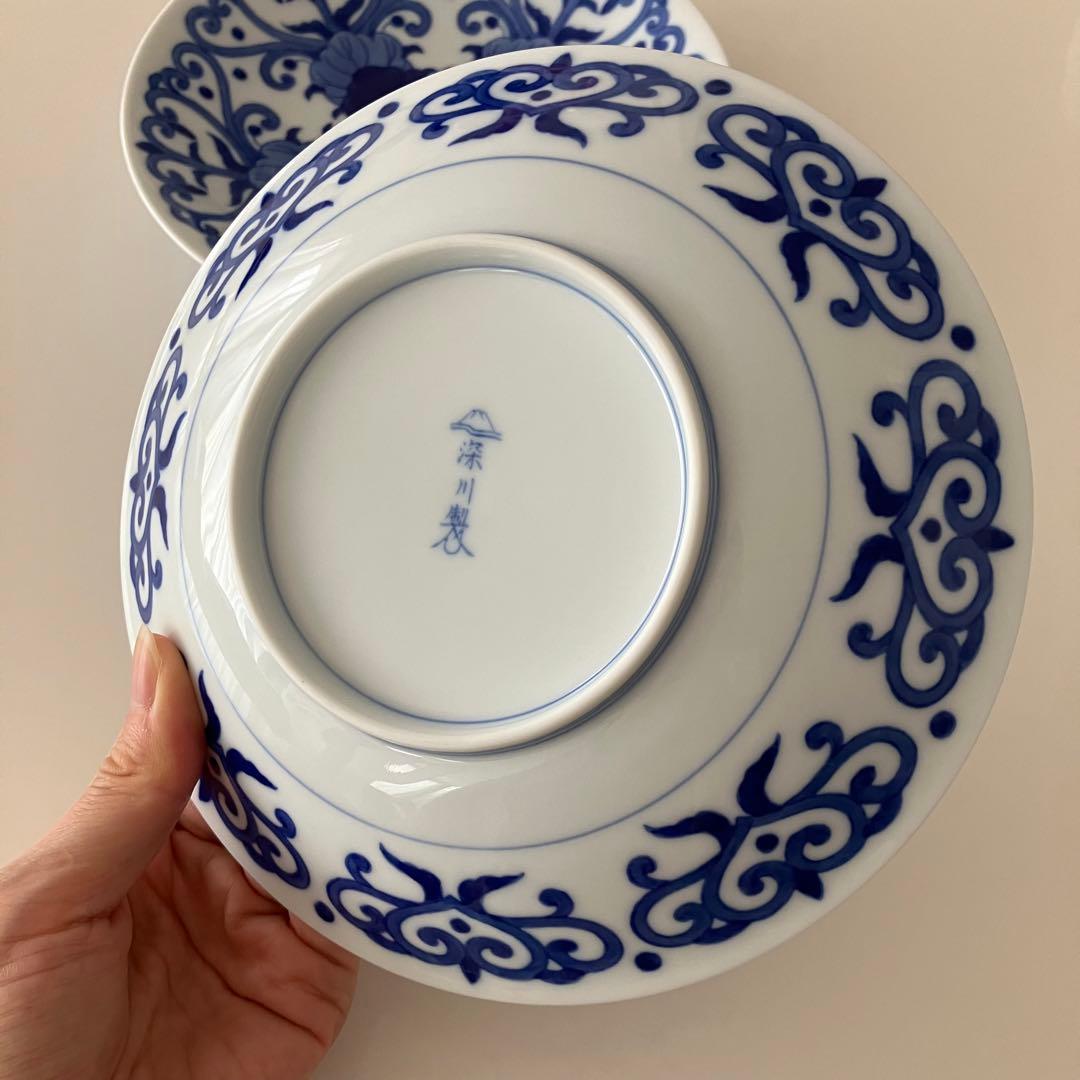 未使用★美品　深川製磁　染付菊唐草　皿　深皿　プレート　2枚