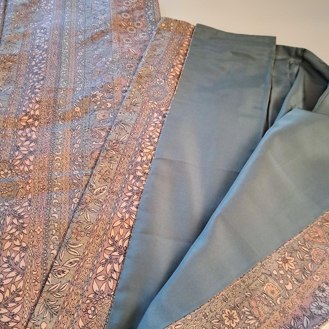 【証紙つき】更紗柄 結城紬 袷 着物 ピンクベージュ