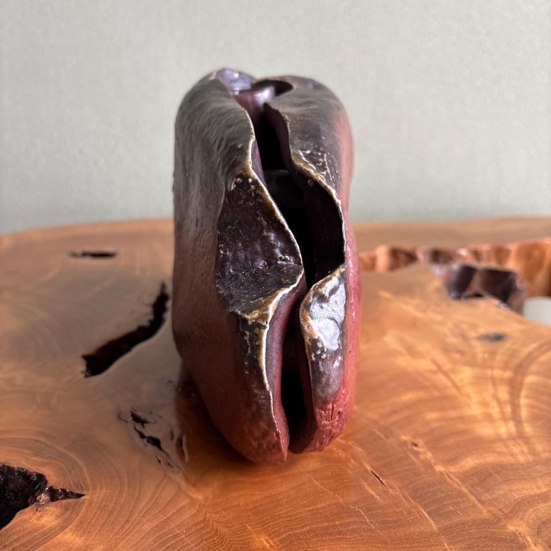 備前焼 松本頼明造 「石花生」花入 共箱 花瓶 高さ16.5cm