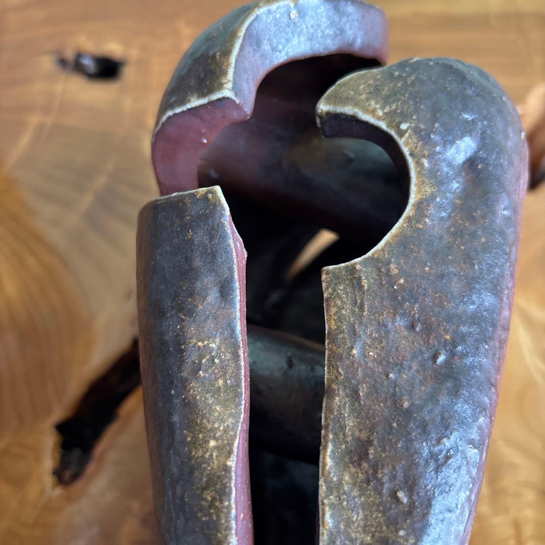 備前焼 松本頼明造 「石花生」花入 共箱 花瓶 高さ16.5cm