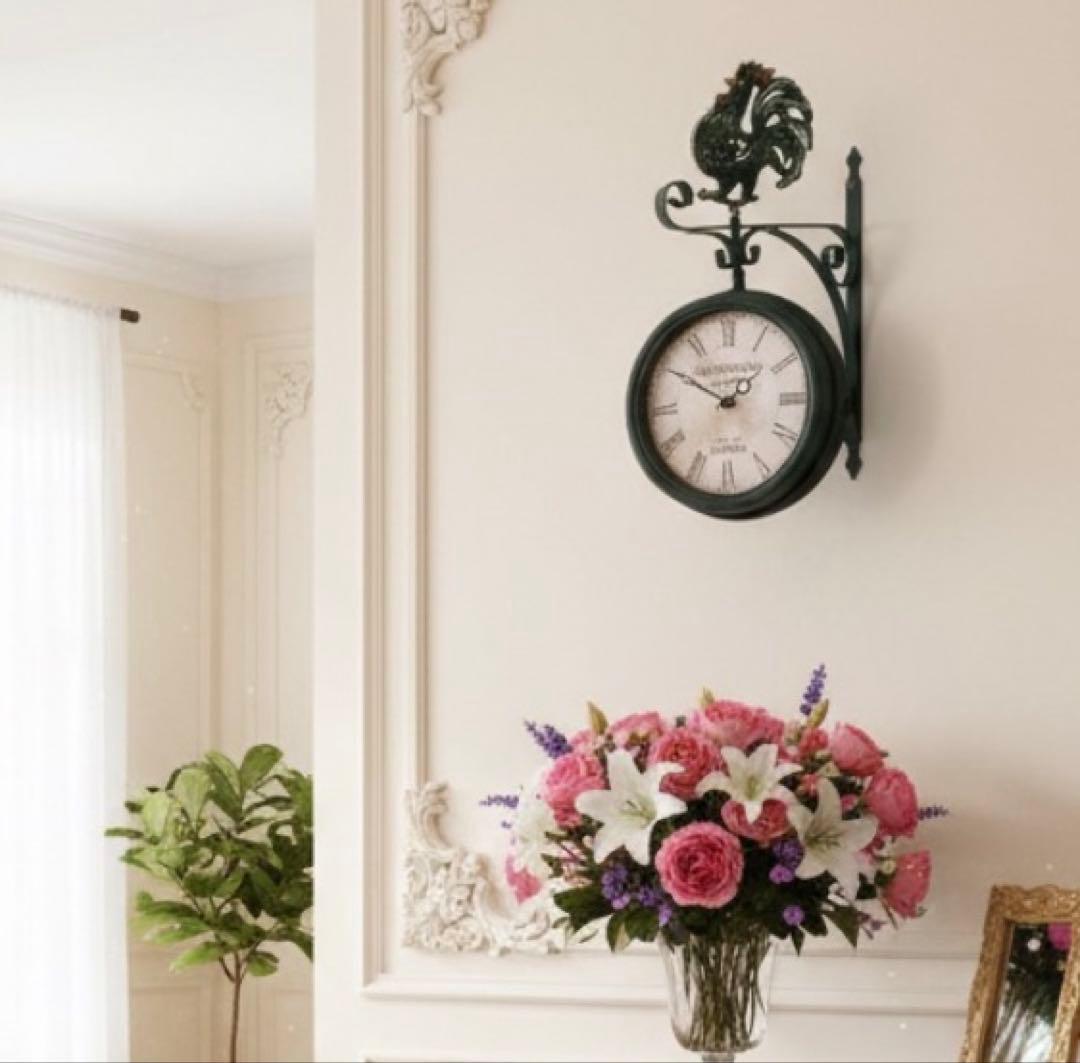 おしゃれな壁掛け時計 アンティーク 風見鶏top 両面時計 艶無しブラック