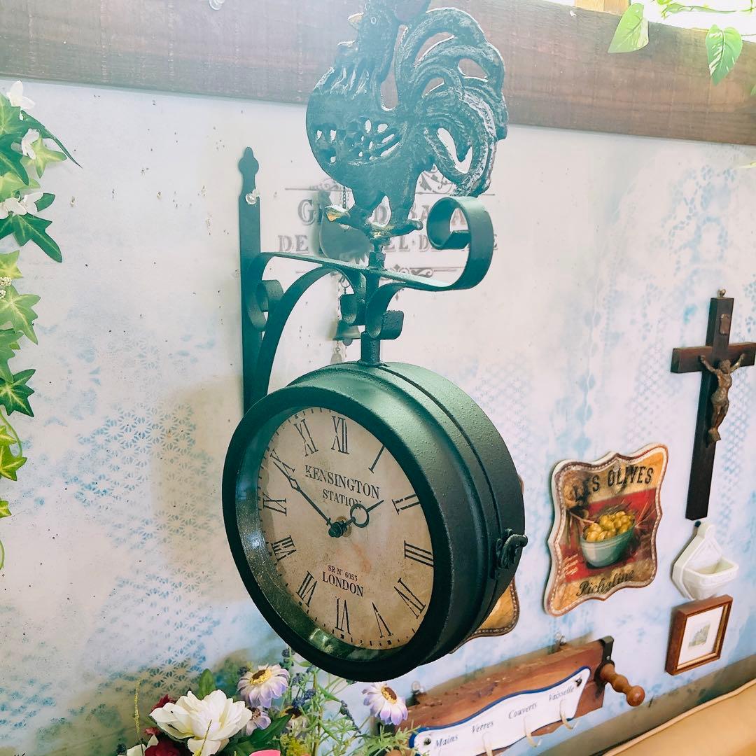 おしゃれな壁掛け時計 アンティーク 風見鶏top 両面時計 艶無しブラック