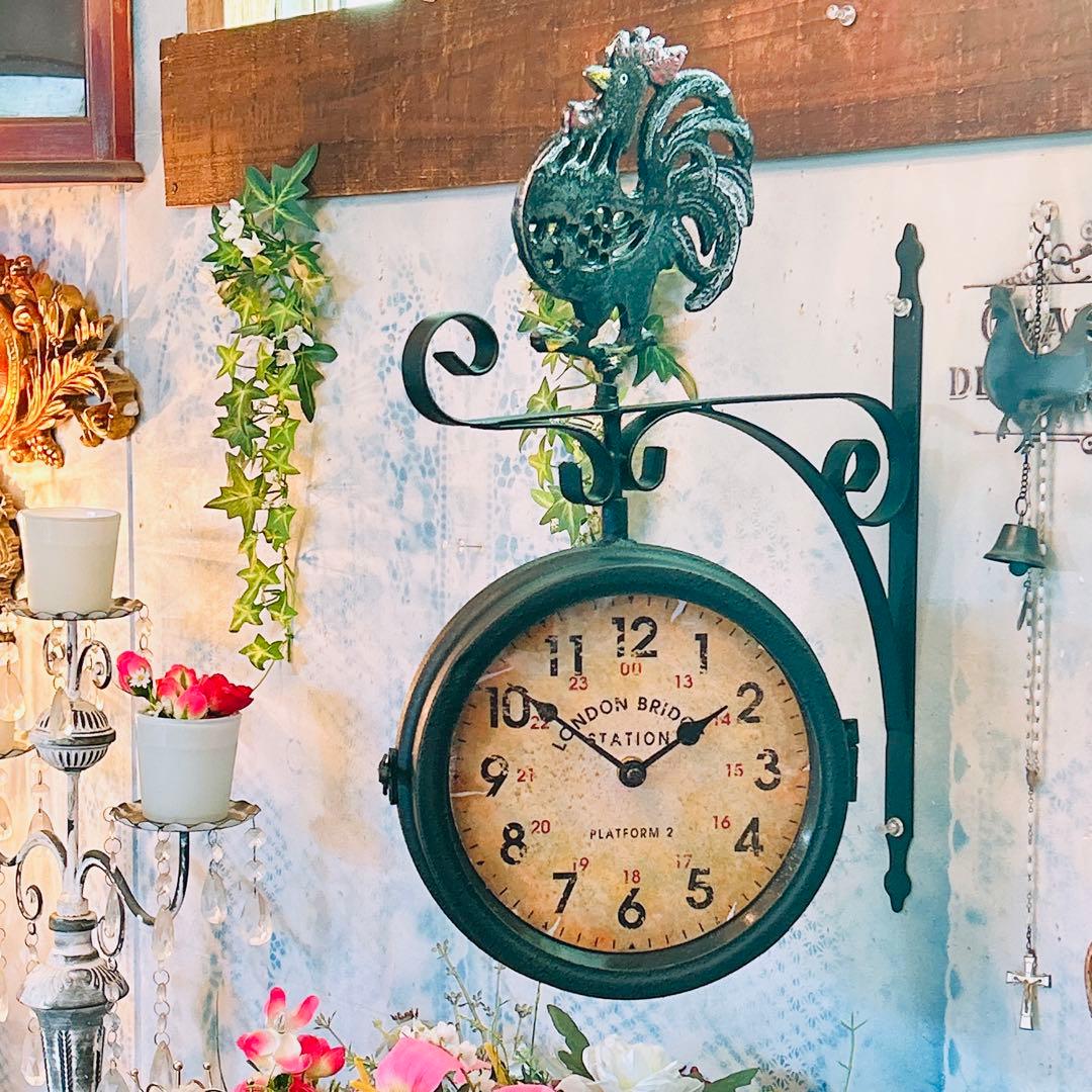 おしゃれな壁掛け時計 アンティーク 風見鶏top 両面時計 艶無しブラック