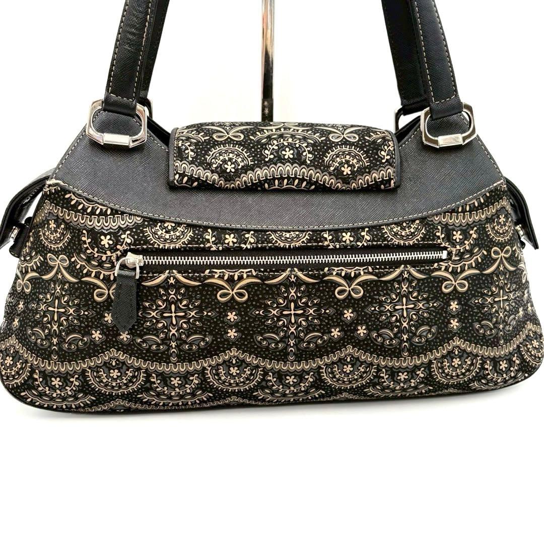 【超美品】印傳屋 PRIDEN プライデン 手提げバッグ 黒×ベージュ 鹿革 漆