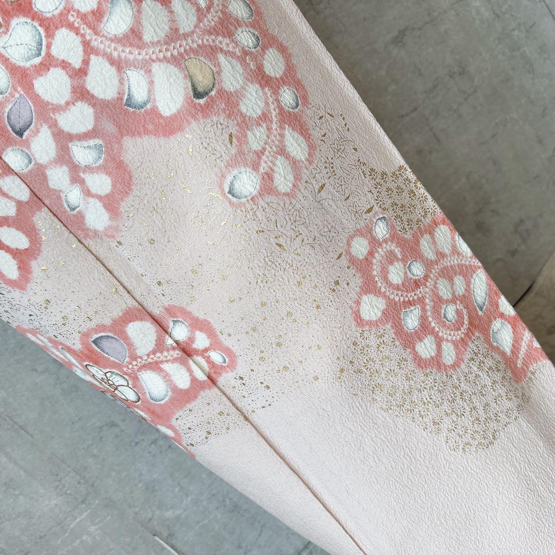 訪問着フルセット　辻が花　着物　正絹　くすみピンク　小さめサイズ