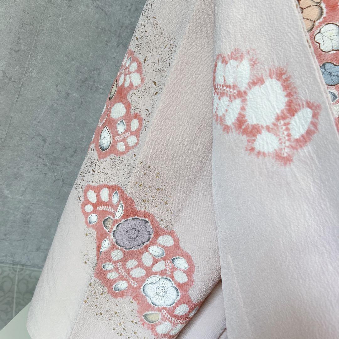 訪問着フルセット　辻が花　着物　正絹　くすみピンク　小さめサイズ