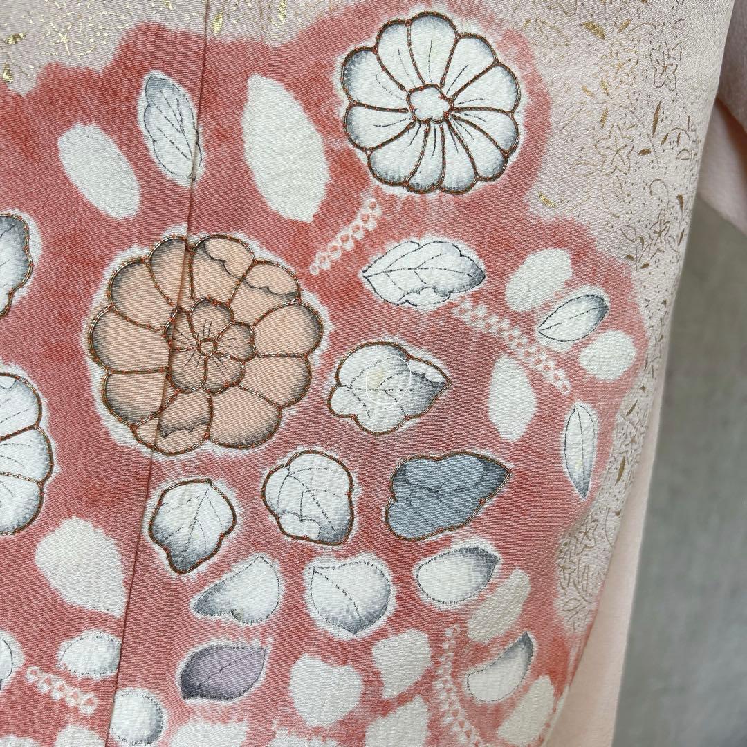 訪問着フルセット　辻が花　着物　正絹　くすみピンク　小さめサイズ