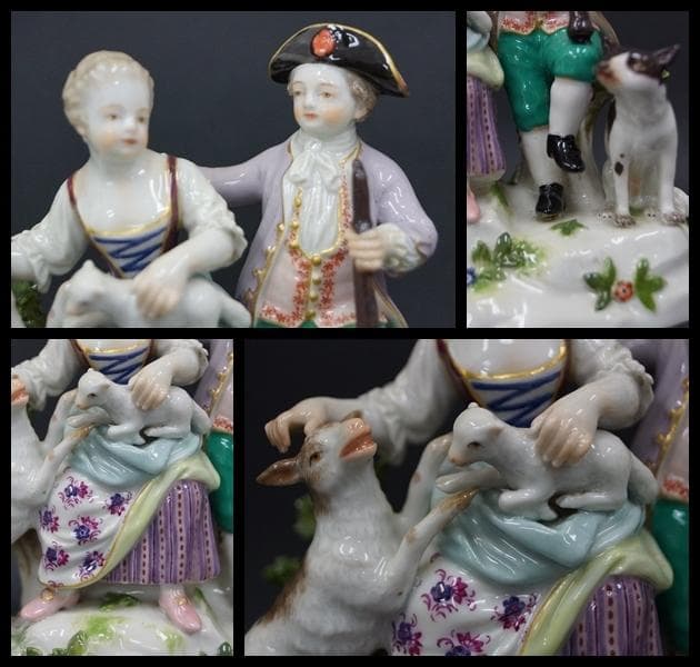 オールドマイセン MEISSEN『羊飼いの男女(犬と羊の親子)』陶器人形置物