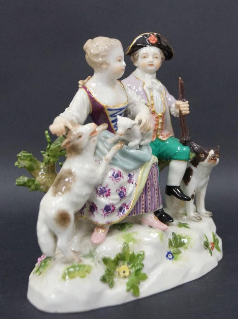 オールドマイセン MEISSEN『羊飼いの男女(犬と羊の親子)』陶器人形置物