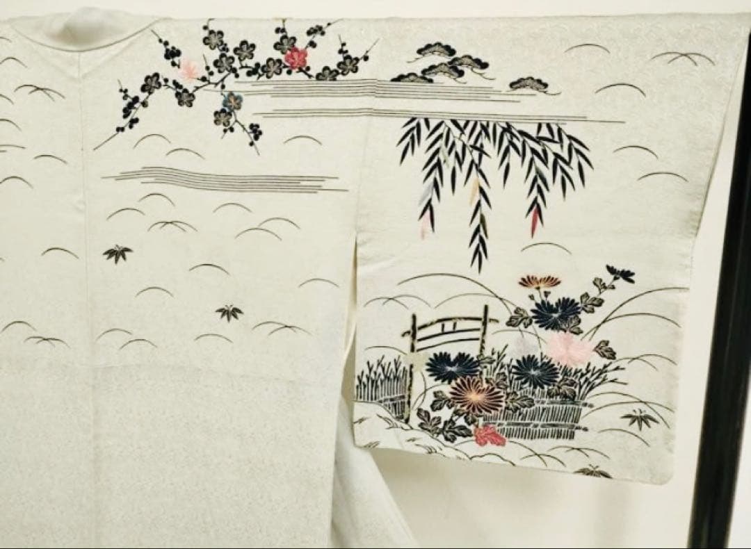 ◆御所解◆京友禅/金駒刺繍/薄グレー特選訪問着 正絹流水風景文/菱健桐壺